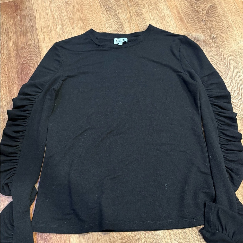 glam Black Ruched Sleeve Long Sleeve Top